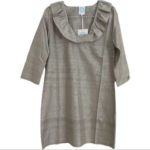 Devon Baer silk twill striped ruffle neck dress, tan & white (size M). NWT